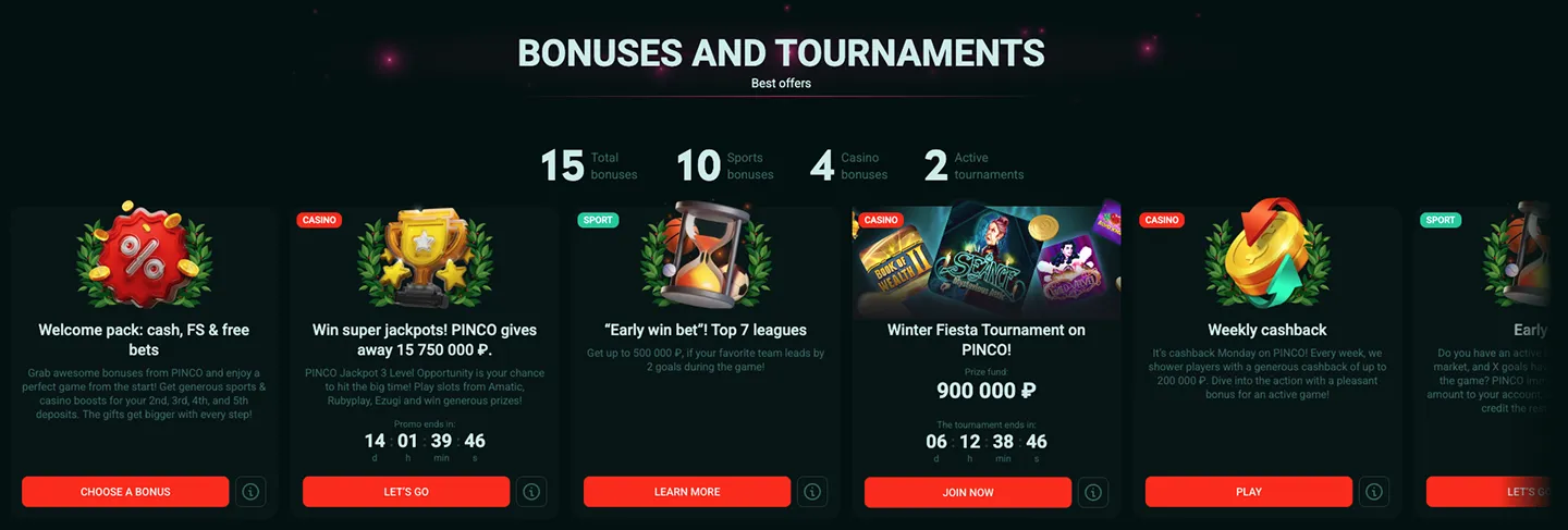 Bonuses of the official Pinco website